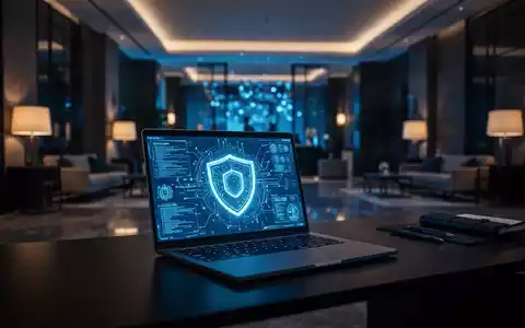 Leuchtender Laptop-Bildschirm in dunkler Hotellobby symbolisiert Cyberbedrohung für öffentliche WLAN-Netzwerke. - Foto: über boerse-global.de