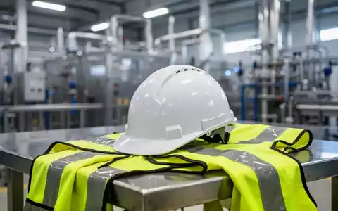 Sicherheitshelm und Warnweste in einer modernen Industrieanlage als Symbol für Arbeitssicherheit. - Foto: über boerse-global.de