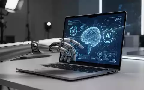 Eine humanoide Roboterhand interagiert mit einem High-End-Laptop-Display, das eine fortschrittliche KI-Oberfläche zeigt. - Foto: über boerse-global.de