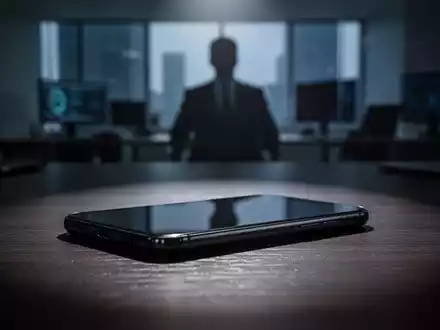 Ein Smartphone auf einem dunklen Schreibtisch in einem Büro bei gedimmtem Licht als Symbol für Telefonbetrug. - Foto: über boerse-global.de