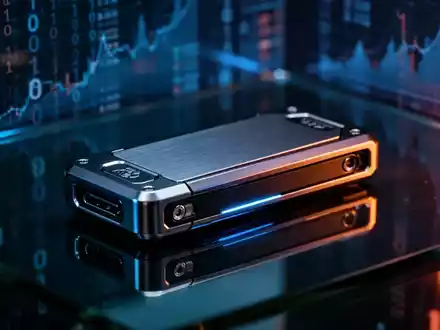 Eine Hardware-Wallet für Kryptowährungen auf einer dunklen, reflektierenden Oberfläche vor einem digitalen Hintergrund. - Foto: über boerse-global.de
