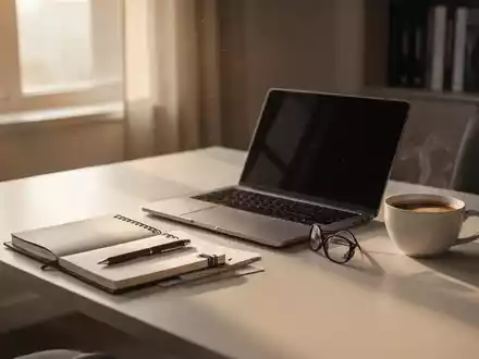 Ein aufgeräumter Schreibtisch mit Laptop und Notizbuch in hellem, natürlichem Morgenlicht als Symbol für einen strukturierten beruflichen Wiedereinstieg. - Foto: über boerse-global.de