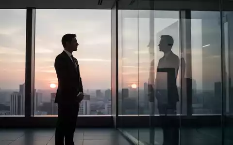 Nachdenkliche Führungskraft in einem modernen Bürogebäude vor dem Hintergrund einer Stadt bei Sonnenuntergang. - Foto: über boerse-global.de
