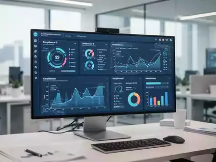 Moderner Büroarbeitsplatz mit einem Monitor, der komplexe Compliance-Dashboards und Datenvisualisierungen für Unternehmenssoftware zeigt. - Foto: über boerse-global.de