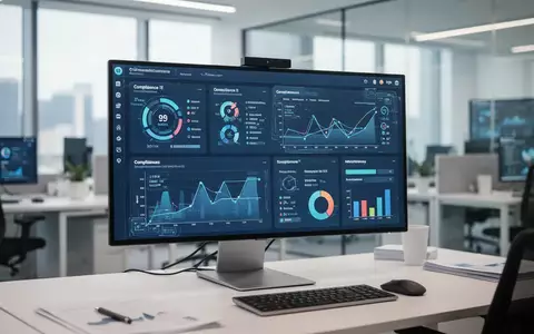 Moderner Büroarbeitsplatz mit einem Monitor, der komplexe Compliance-Dashboards und Datenvisualisierungen für Unternehmenssoftware zeigt. - Foto: über boerse-global.de