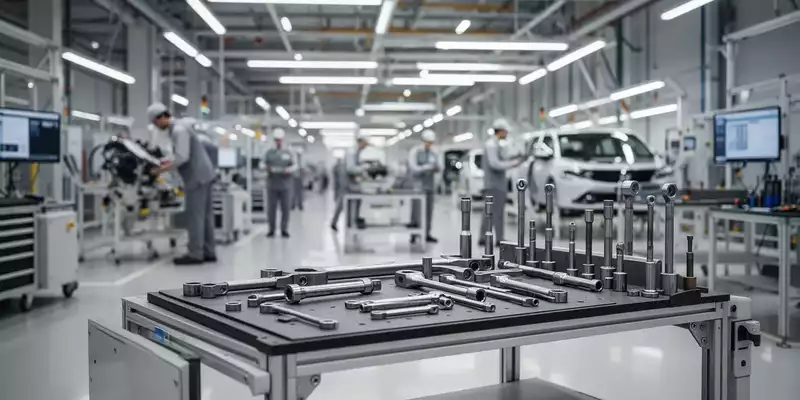 Arbeitsplatz in einer modernen Automobilfabrik mit Fokus auf die industrielle Fertigungsumgebung. - Foto: über boerse-global.de