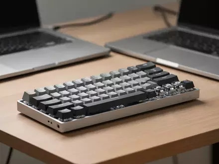 Ein minimalistisches, mechanisches Dune-Keypad neben einem silbernen Laptop auf einem modernen Schreibtisch. - Foto: über boerse-global.de
