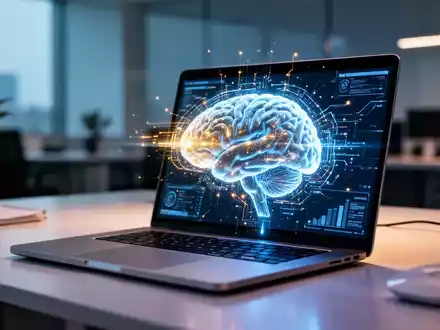 Digitale Gehirn-Grafik auf einem Laptop-Bildschirm in einem modernen Bürokontext, die künstliche Intelligenz symbolisiert. - Foto: über boerse-global.de