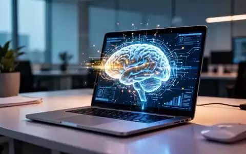 Digitale Gehirn-Grafik auf einem Laptop-Bildschirm in einem modernen Bürokontext, die künstliche Intelligenz symbolisiert. - Foto: über boerse-global.de