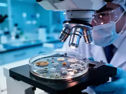 Wissenschaftler bei der mikrobiologischen Untersuchung von Bakterienkulturen unter dem Mikroskop im Labor. - Foto: über boerse-global.de