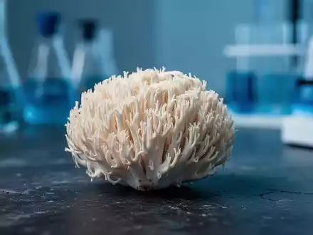 Ein frischer Löwenmähne-Pilz auf einem Labortisch als Symbol für neurowissenschaftliche Forschung zur Alzheimer-Prävention. - Foto: über boerse-global.de