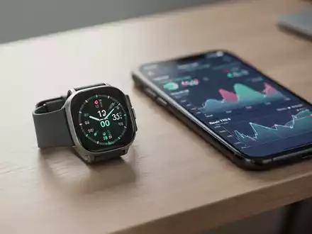 Smartwatch und Smartphone zeigen Gesundheitsdaten auf einem sauberen Schreibtisch, symbolisieren digitale Gesundheitsdaten-Synchronisation. - Foto: über boerse-global.de