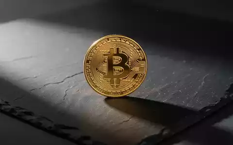Eine einzelne goldene Bitcoin-Münze auf einer dunklen Schieferplatte bei stimmungsvoller Beleuchtung. - Foto: über boerse-global.de