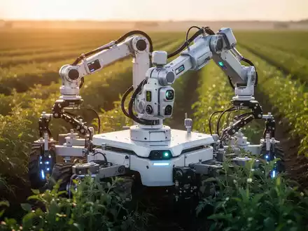 Moderner autonomer Agrarroboter bei der Feldarbeit in einem landwirtschaftlichen Betrieb bei Sonnenuntergang. - Foto: über boerse-global.de