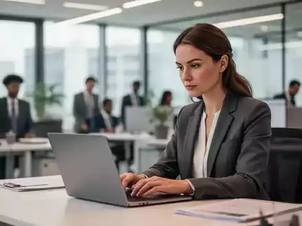 Eine professionelle Frau bei der Arbeit an einem Laptop in einem modernen, hellen Büro. - Foto: über boerse-global.de