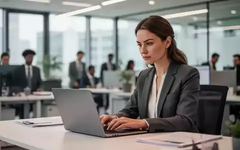 Eine professionelle Frau bei der Arbeit an einem Laptop in einem modernen, hellen Büro. - Foto: über boerse-global.de
