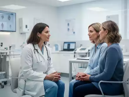 Eine Pflegefachkraft im Gespräch mit einer Patientin in einem modernen, hellen Behandlungsraum einer Klinik. - Foto: über boerse-global.de