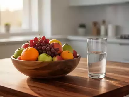 Eine Schale mit frischem Obst und ein Glas Wasser auf einem Holztisch, die eine gesunde Ernährung symbolisieren. - Foto: über boerse-global.de