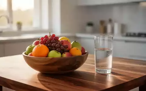 Eine Schale mit frischem Obst und ein Glas Wasser auf einem Holztisch, die eine gesunde Ernährung symbolisieren. - Foto: über boerse-global.de