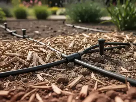 Ein mit Mulch bedecktes Gartenbeet mit einem Tröpfchenbewässerungssystem bei starker Sonneneinstrahlung. - Foto: über boerse-global.de