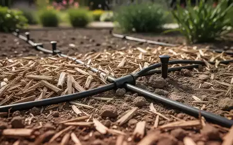 Ein mit Mulch bedecktes Gartenbeet mit einem Tröpfchenbewässerungssystem bei starker Sonneneinstrahlung. - Foto: über boerse-global.de