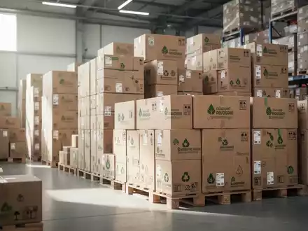 Stapel von recycelbaren Kartonverpackungen in einem modernen Lagerhaus als Symbol für nachhaltige Kreislaufwirtschaft. - Foto: über boerse-global.de