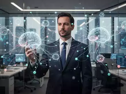 Führungskraft im modernen Büro betrachtet eine digitale Visualisierung neuronaler Netzwerke. - Foto: über boerse-global.de