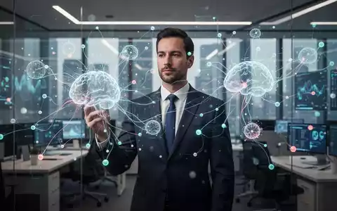 Führungskraft im modernen Büro betrachtet eine digitale Visualisierung neuronaler Netzwerke. - Foto: über boerse-global.de