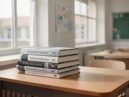 Ein Fachbuch auf einem Schreibtisch in einem hellen, modernen Klassenzimmer, das eine ruhige Lernatmosphäre ausstrahlt. - Foto: über boerse-global.de