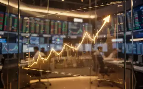 Ein steigendes digitales Börsendiagramm vor einem unscharfen Hintergrund eines Handelsraums mit goldener Beleuchtung. - Foto: über boerse-global.de