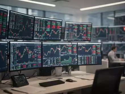 Moderne Finanzhandelsplattform mit unscharfen Aktiencharts auf Monitoren in einer professionellen Büroumgebung. - Foto: über boerse-global.de
