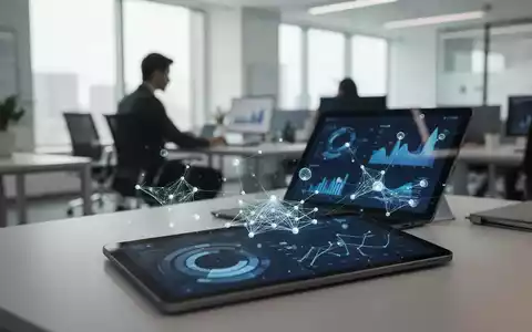 Ein Tablet mit abstrakten Datenvisualisierungen und KI-Netzwerken in einem modernen, hellen Bürokontext. - Foto: über boerse-global.de