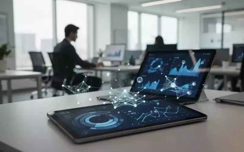 Ein Tablet mit abstrakten Datenvisualisierungen und KI-Netzwerken in einem modernen, hellen Bürokontext. - Foto: über boerse-global.de