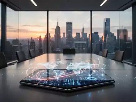 Ein modernes Büro mit einem Tablet, das globale digitale Netzwerkverbindungen und Finanzdatenströme anzeigt. - Foto: über boerse-global.de
