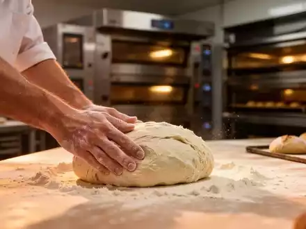 Ein Bäcker bei der Arbeit in einer modernen Backstube im warmen Morgenlicht. - Foto: über boerse-global.de