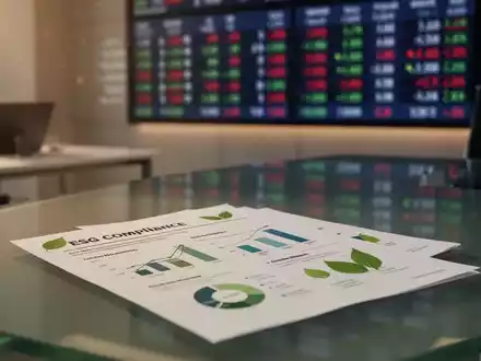 Finanzbericht zu ESG-Richtlinien auf einem Schreibtisch mit unscharfem Börsen-Ticker im Hintergrund. - Foto: über boerse-global.de