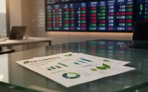 Finanzbericht zu ESG-Richtlinien auf einem Schreibtisch mit unscharfem Börsen-Ticker im Hintergrund. - Foto: über boerse-global.de