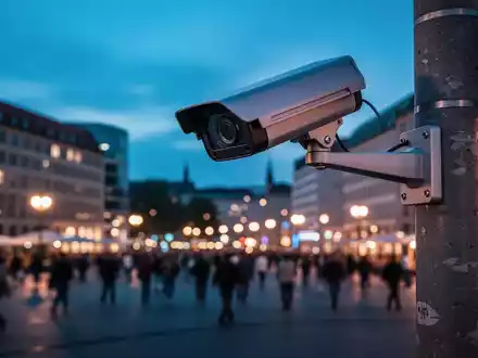 Überwachungskamera an einem Berliner Platz vor einer unscharfen Stadtkulisse bei Dämmerung. - Foto: über boerse-global.de
