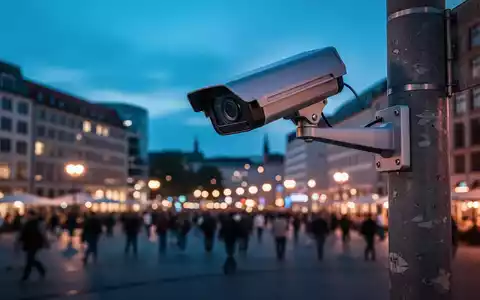 Überwachungskamera an einem Berliner Platz vor einer unscharfen Stadtkulisse bei Dämmerung. - Foto: über boerse-global.de