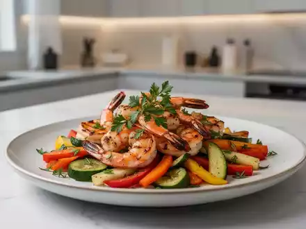 Ein gesundes, kalorienarmes Abendessen mit Garnelen und frischem Gemüse auf einem eleganten Teller. - Foto: über boerse-global.de