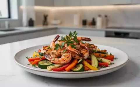 Ein gesundes, kalorienarmes Abendessen mit Garnelen und frischem Gemüse auf einem eleganten Teller. - Foto: über boerse-global.de