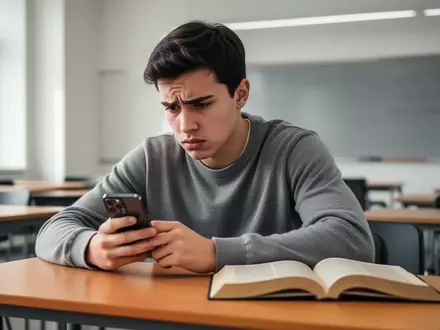 Ein besorgter Schüler blickt am Schreibtisch auf ein Smartphone, während ein offenes Lehrbuch unbeachtet daneben liegt. - Foto: über boerse-global.de