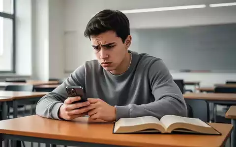 Ein besorgter Schüler blickt am Schreibtisch auf ein Smartphone, während ein offenes Lehrbuch unbeachtet daneben liegt. - Foto: über boerse-global.de