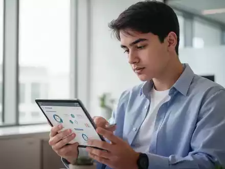 Junger Erwachsener betrachtet ein Tablet in einem modernen Büro als Symbol für die Planung der beruflichen Zukunft. - Foto: über boerse-global.de