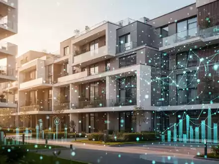 Modernes Wohngebäude mit digitalen Datenvisualisierungen zur CO2-Bilanzierung und Energieeffizienz. - Foto: über boerse-global.de
