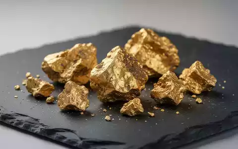 Nahaufnahme von Golderzstücken auf einer dunklen Schieferoberfläche als Symbol für den Goldbergbau. - Foto: über boerse-global.de