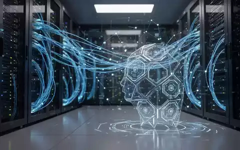 Abstrakte Visualisierung eines digitalen KI-Netzwerks in einem modernen Serverraum mit leuchtenden Datenströmen. - Foto: über boerse-global.de