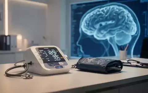 Digitales Blutdruckmessgerät auf einem Schreibtisch vor einer schematischen Darstellung des menschlichen Gehirns. - Foto: über boerse-global.de