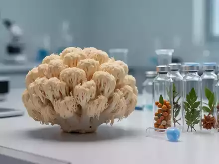 Ein Löwenmähne-Pilz neben medizinischen Glasfläschchen in einem modernen Labor zur Erforschung pflanzlicher Wirkstoffe. - Foto: über boerse-global.de