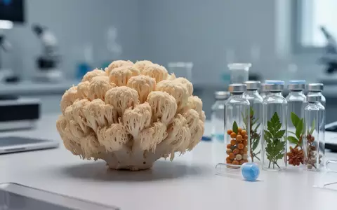 Ein Löwenmähne-Pilz neben medizinischen Glasfläschchen in einem modernen Labor zur Erforschung pflanzlicher Wirkstoffe. - Foto: über boerse-global.de